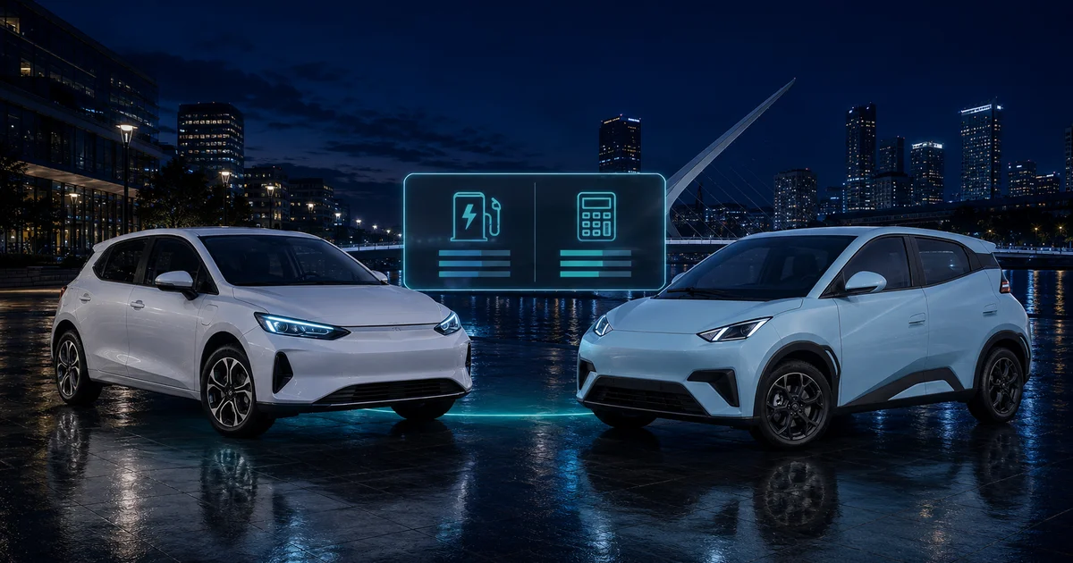 Ilustración del JMEV Easy 3 y el BYD Dolphin Mini frente a un panel de costos en Puerto Madero de noche.